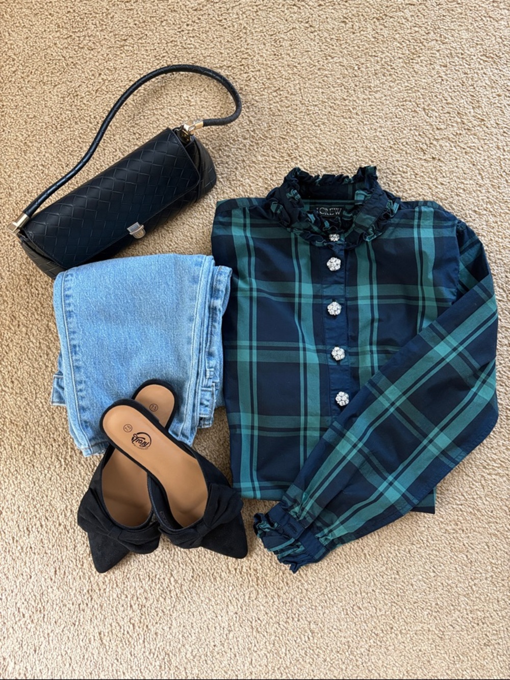J. Crew Navy and Green Plaid Ruffle-Neck Blouse